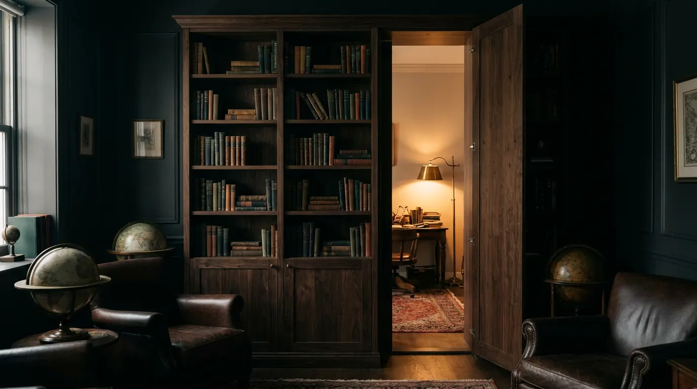 A bookcase swung open to reveal a hidden room