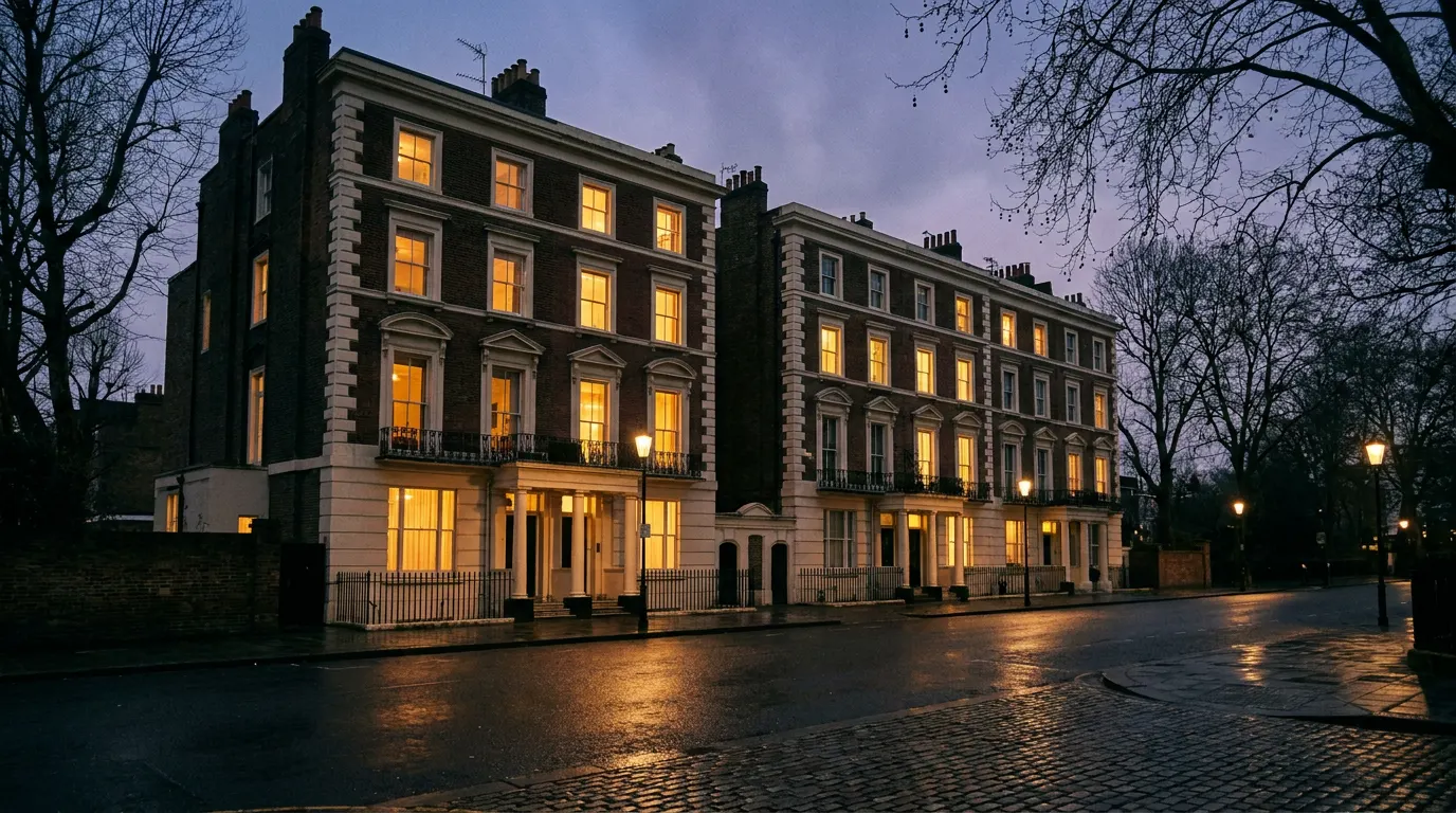 Two adjoining townhouses at dusk, North London
