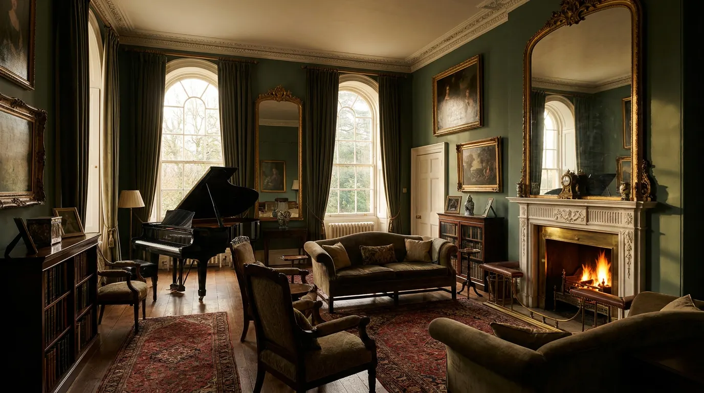 Drawing room, piano & fireplace